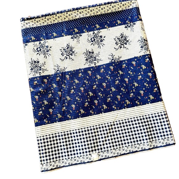 Vintage Blue Floral Striped Gingham Calico Ticking Seersucker Fabric 4yd x 44.5" - Picture 2 of 6